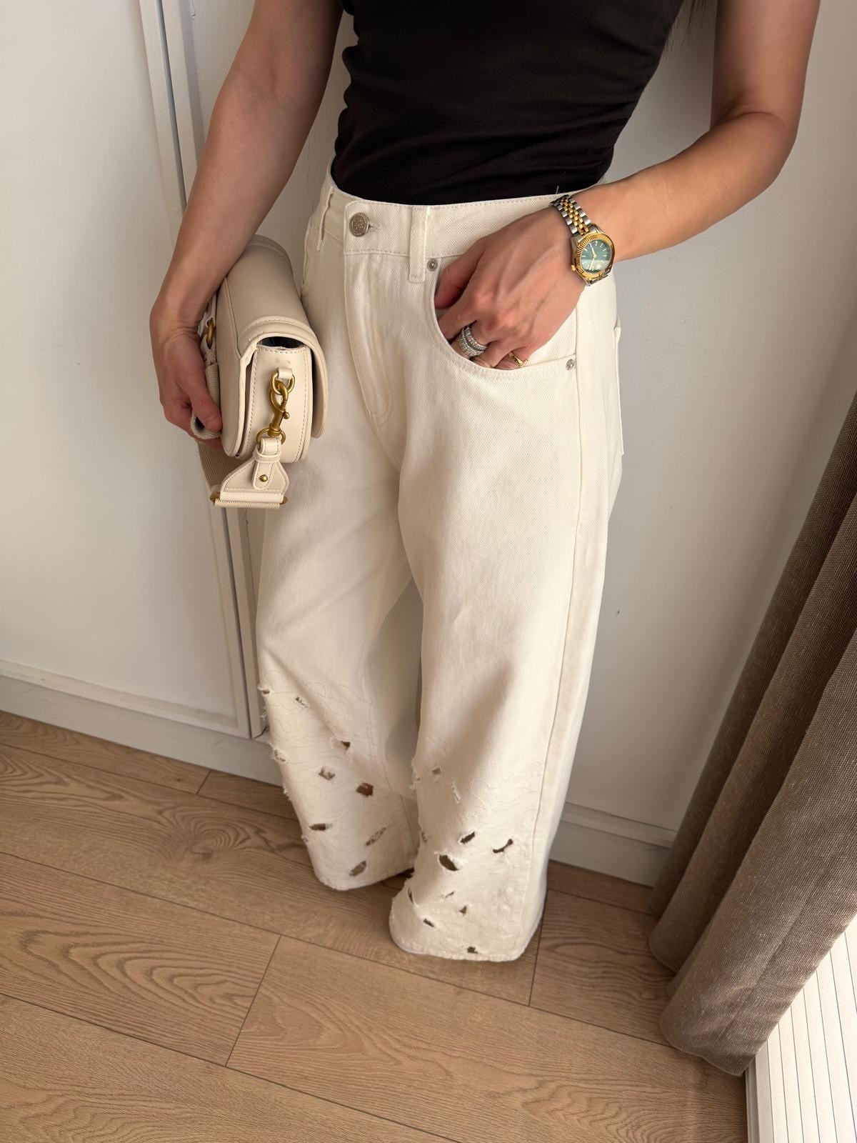 Ekru Nakışlı Tasarım Lazer Kesimli Wide Leg Jean 8272