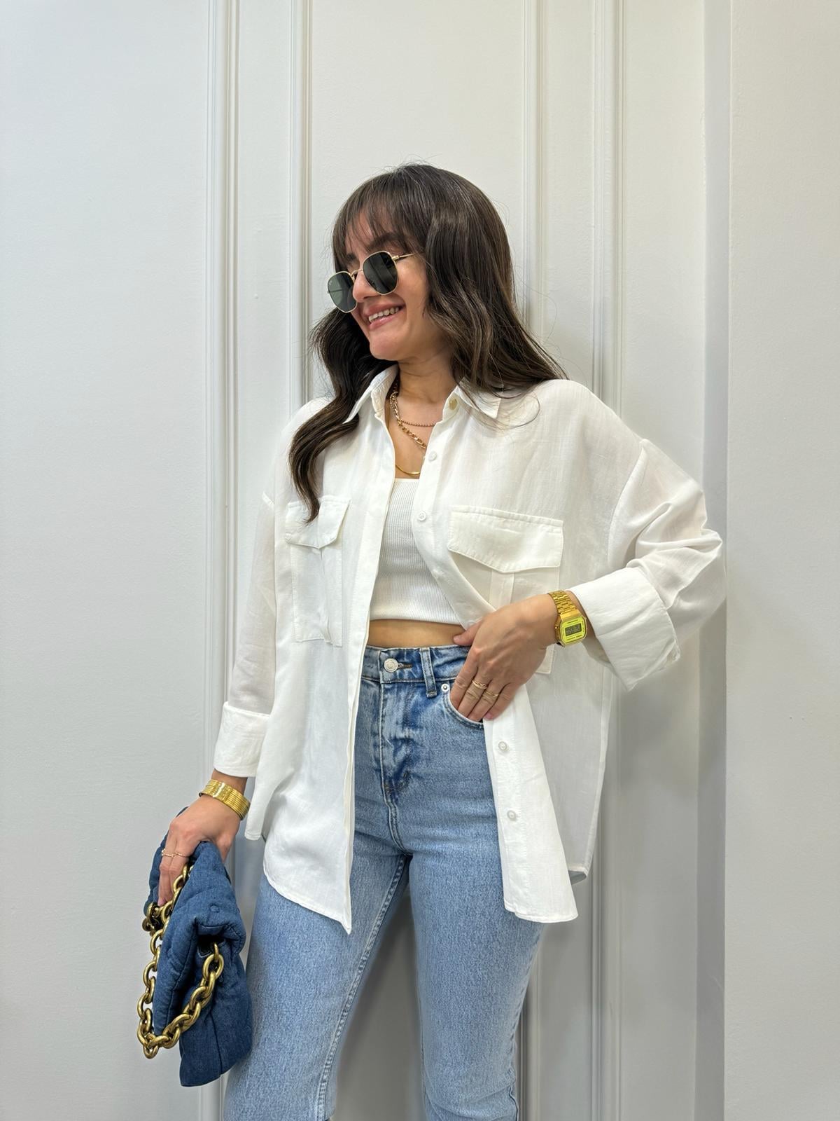Ekru Ön Cepli Oversize Gömlek 6046