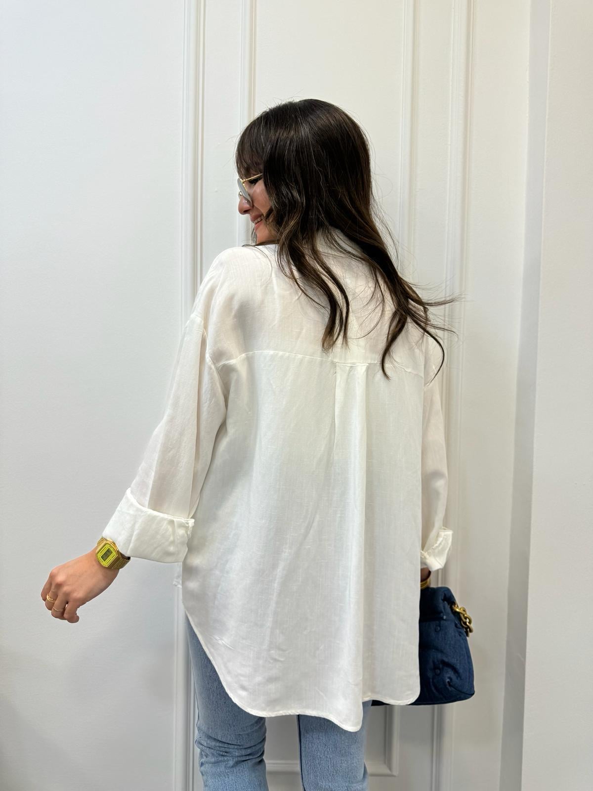 Ekru Ön Cepli Oversize Gömlek 6046