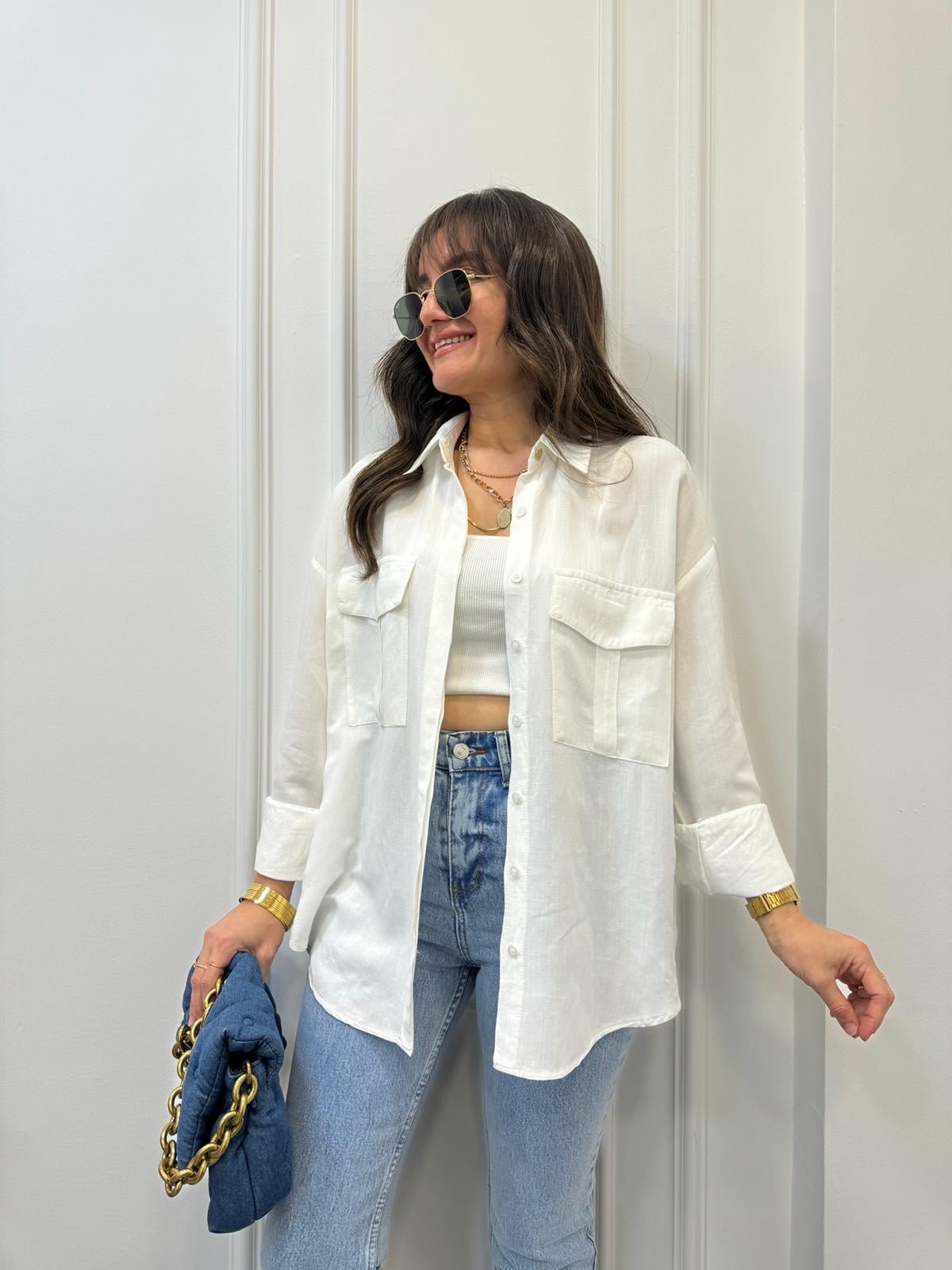 Ekru Ön Cepli Oversize Gömlek 6046