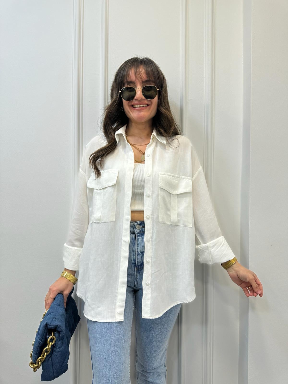 Ekru Ön Cepli Oversize Gömlek 6046