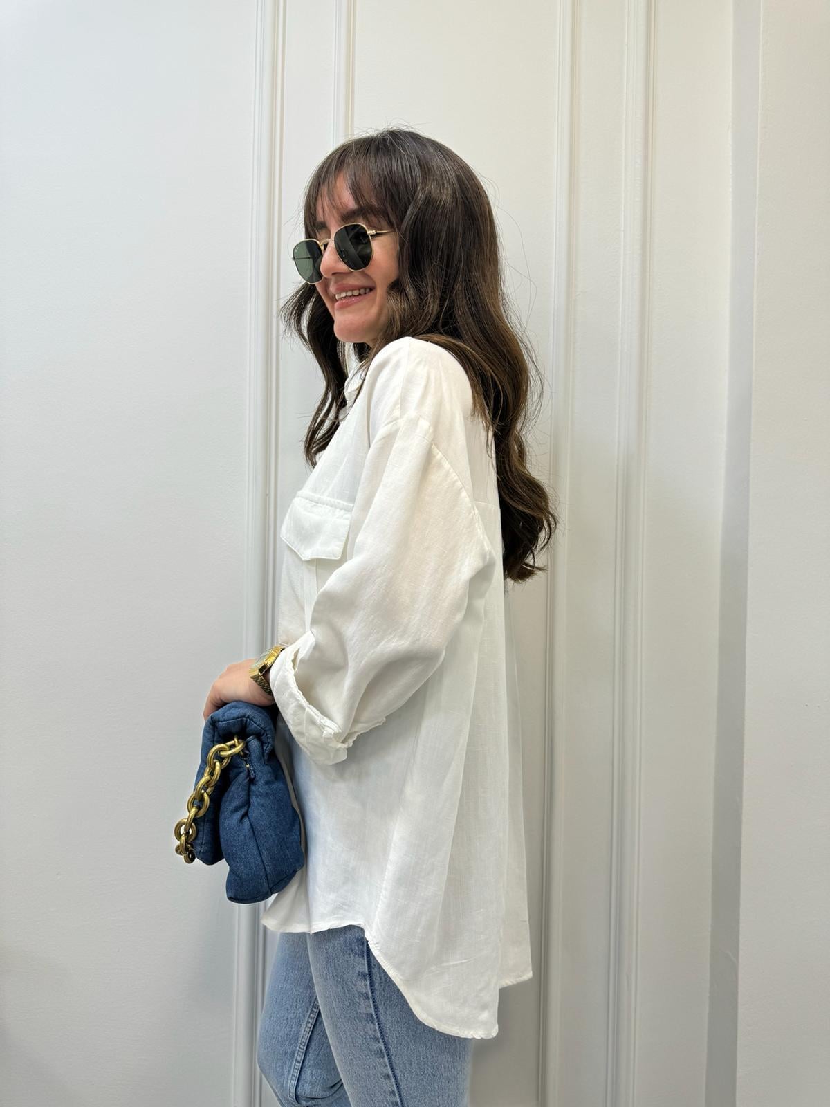 Ekru Ön Cepli Oversize Gömlek 6046