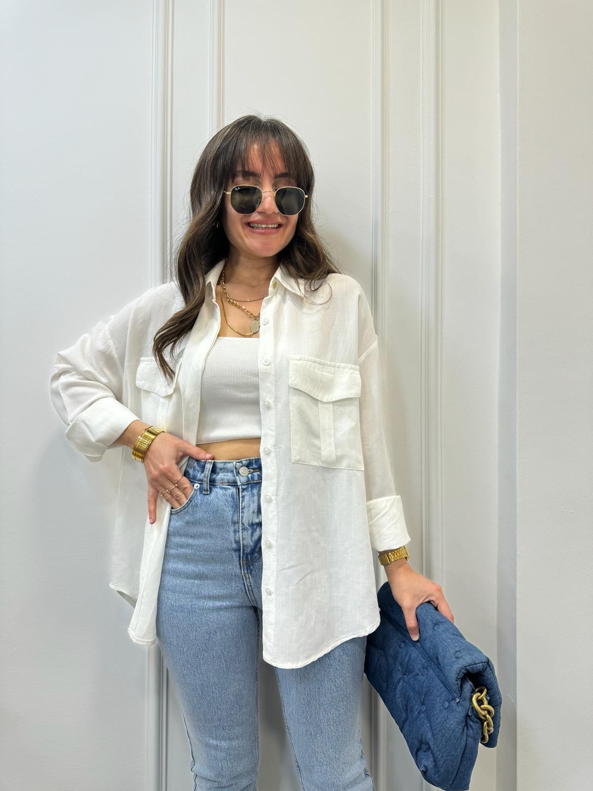 Ekru Ön Cepli Oversize Gömlek 6046