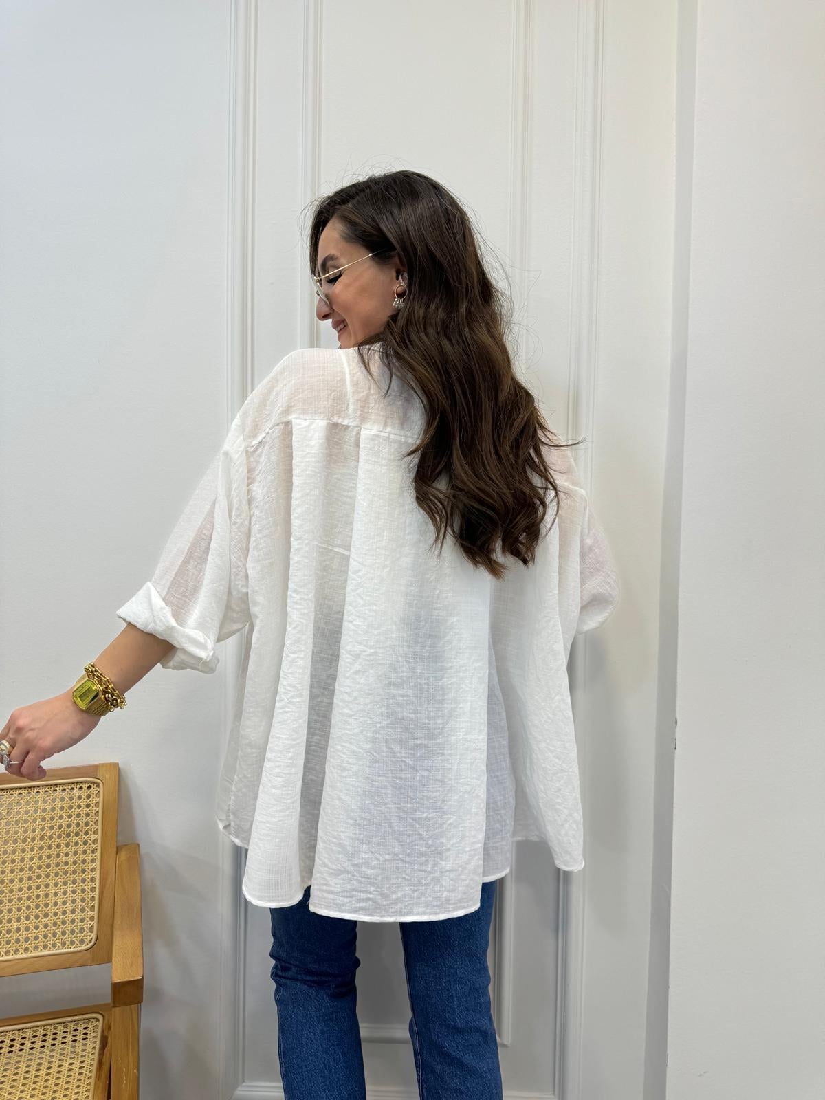 Ekru Önü Taş Detaylı Tek Cepli Oversize Gömlek 4913