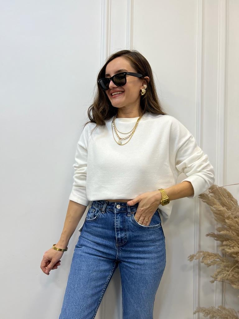 Ekru Orijinal Marka Bisiklet Yaka Sweatshirt 2639