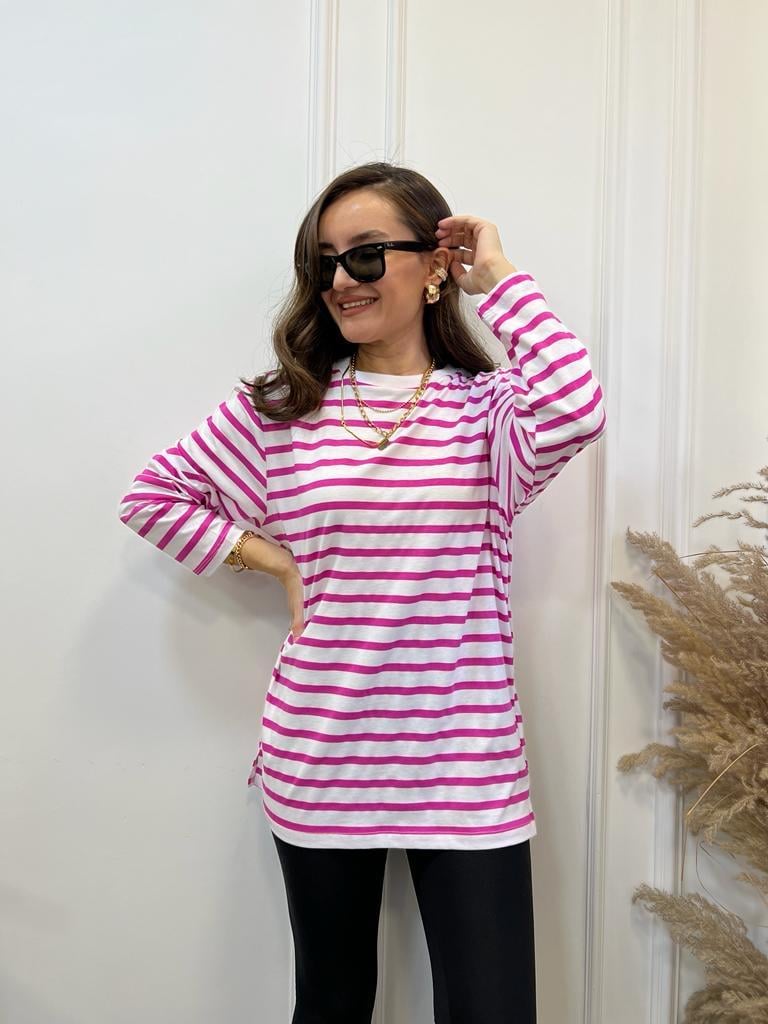 Ekru Pembe Çizgili Bisiklet Yaka Sweatshirt 0637