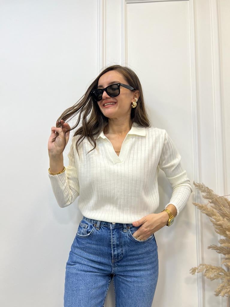 Ekru Polo Yaka Çizgili Triko Bluz 3243