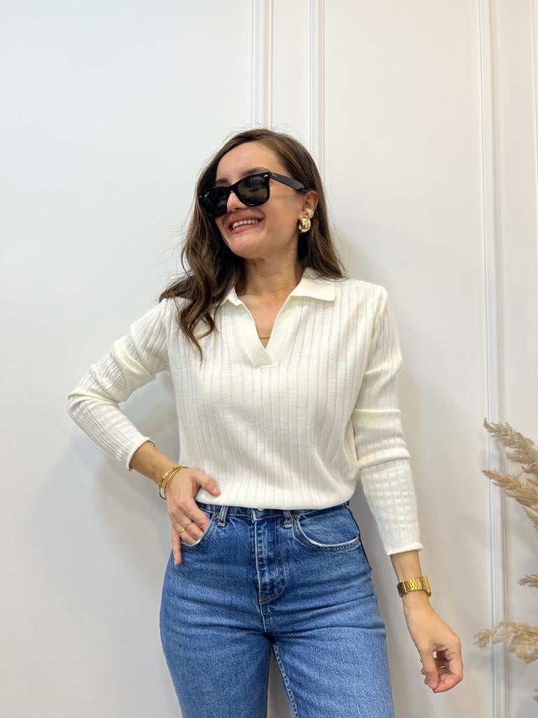 Ekru Polo Yaka Çizgili Triko Bluz 3243
