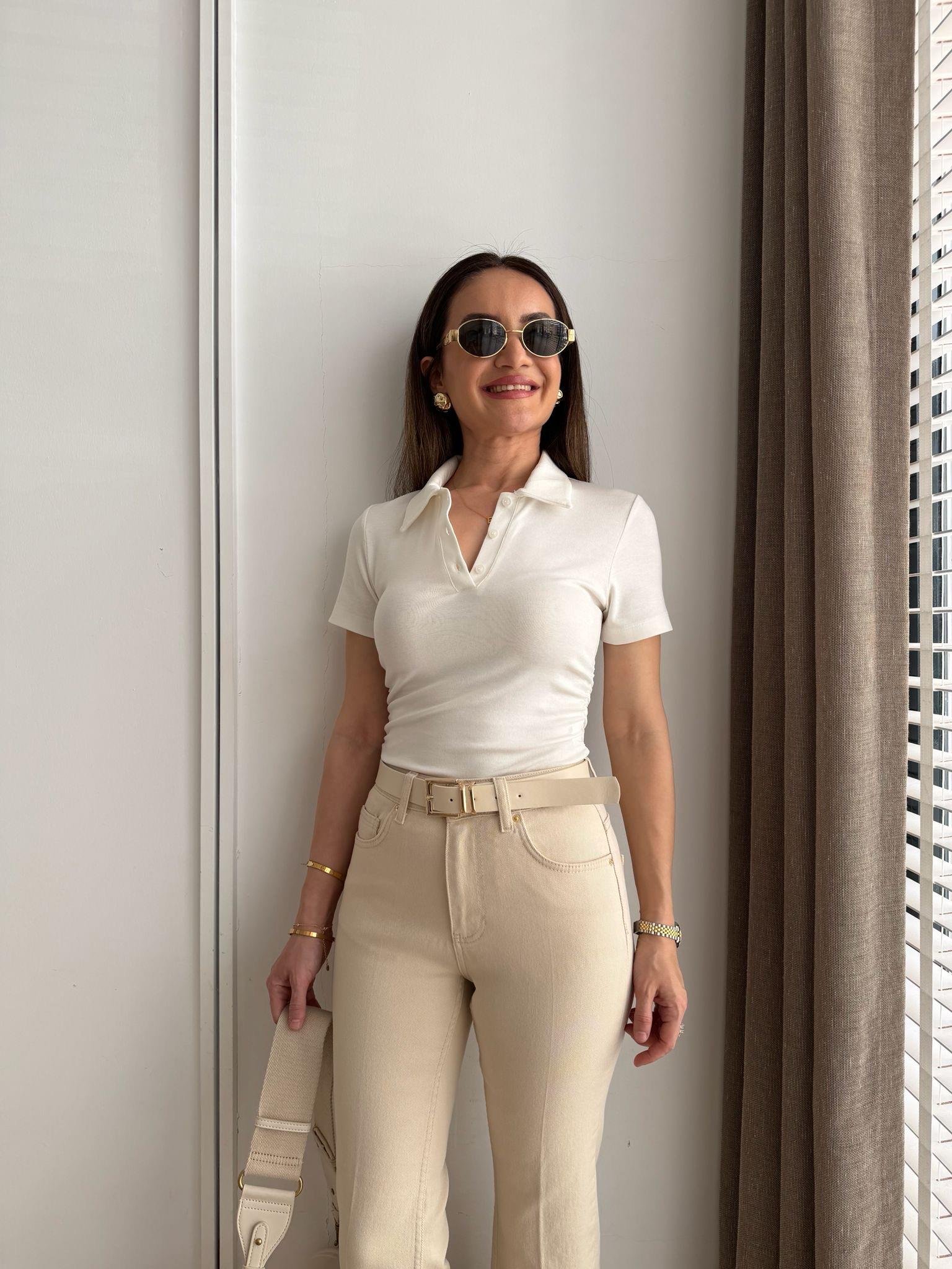Ekru Polo Yaka Yan Büzgülü Kısa Kol Bluz 32614