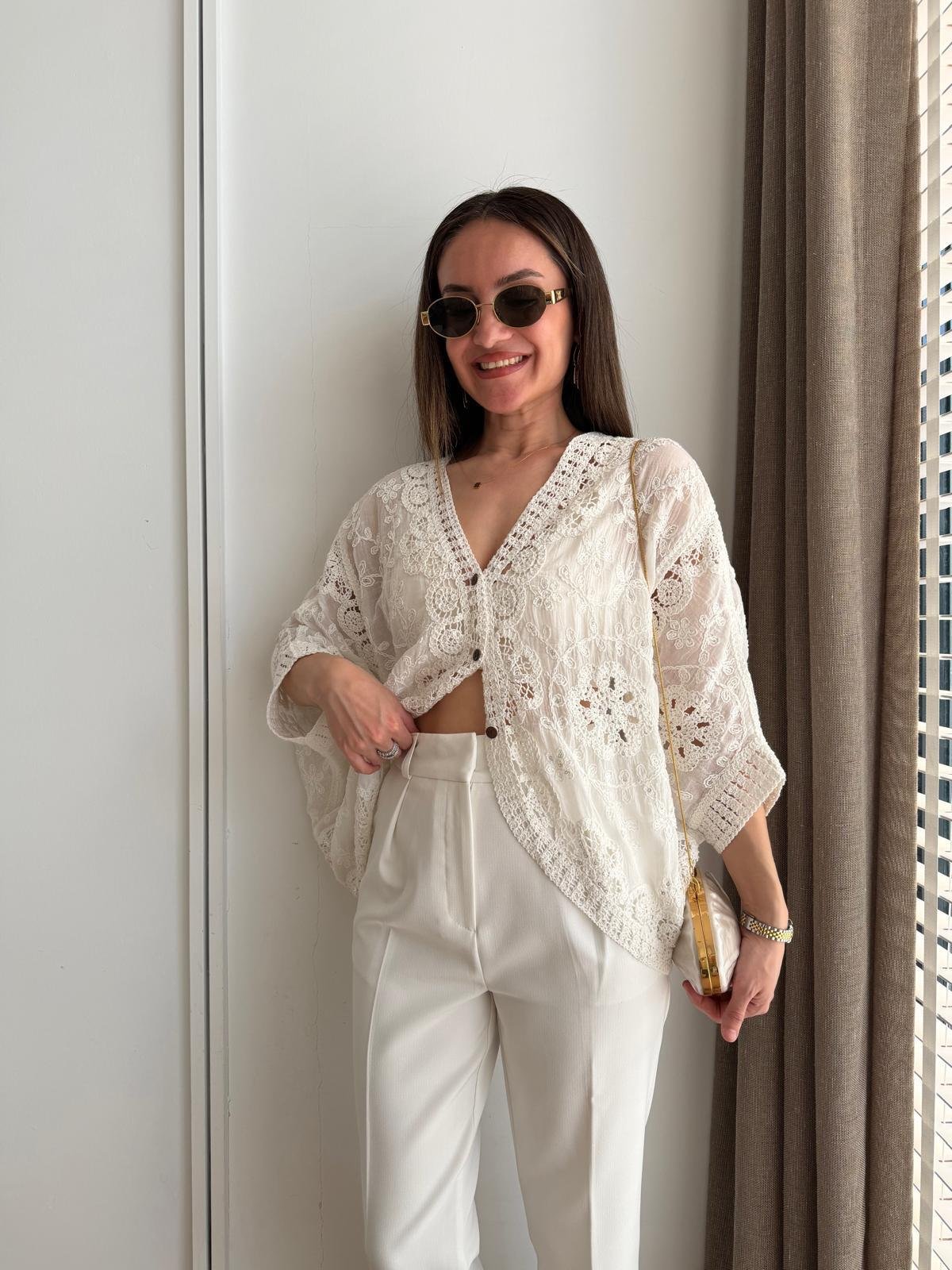 Ekru Pullu Dantel İşlemeli Kimono 39750
