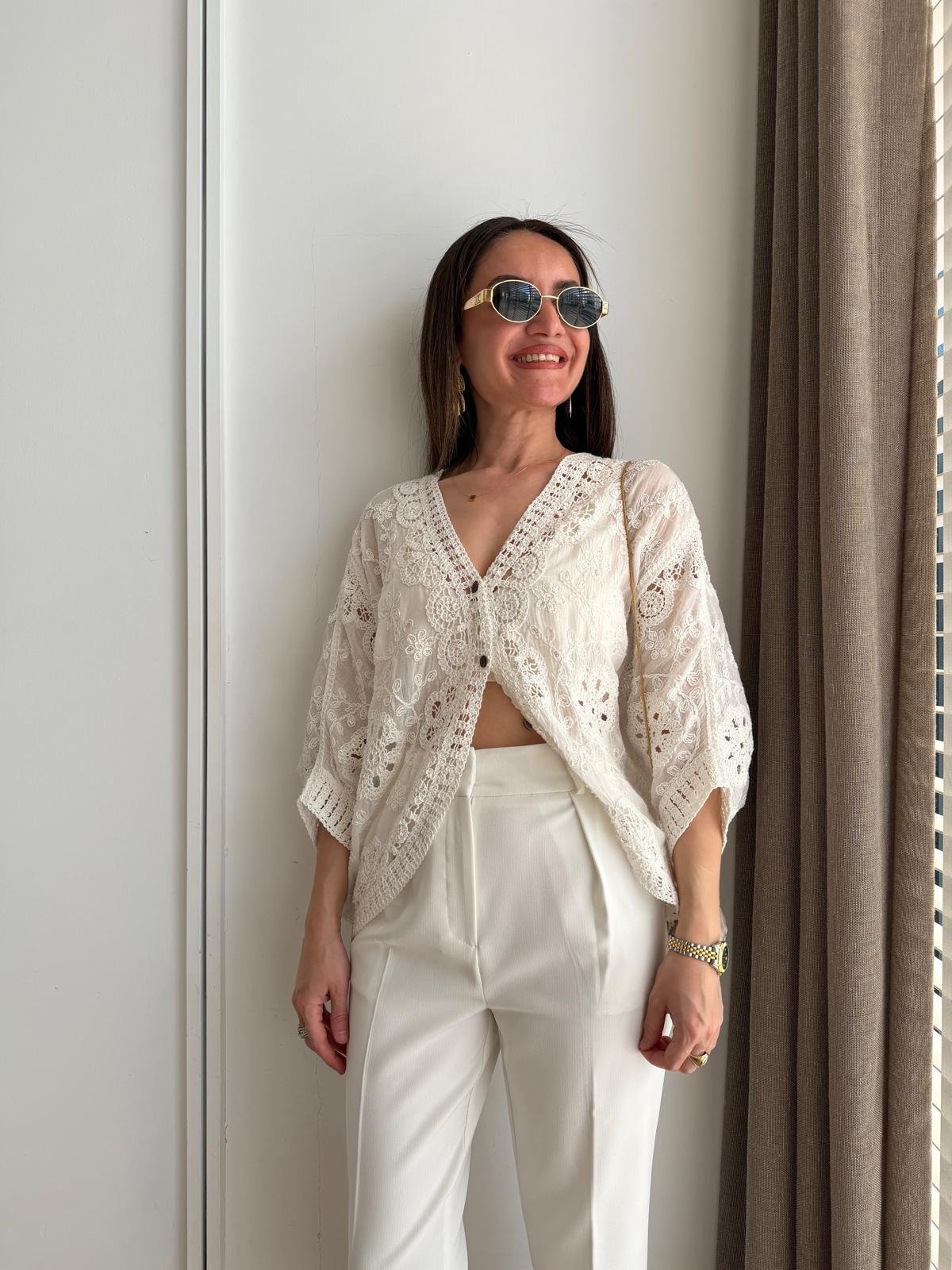 Ekru Pullu Dantel İşlemeli Kimono 39750