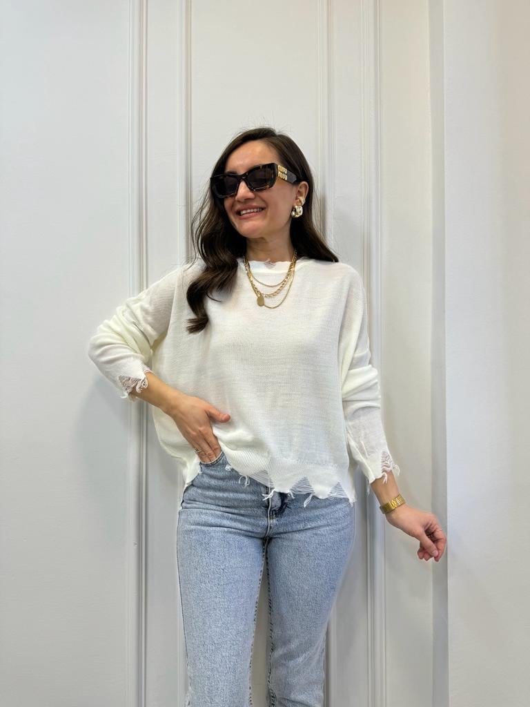 Ekru Püskül Detaylı Triko Bluz 3794