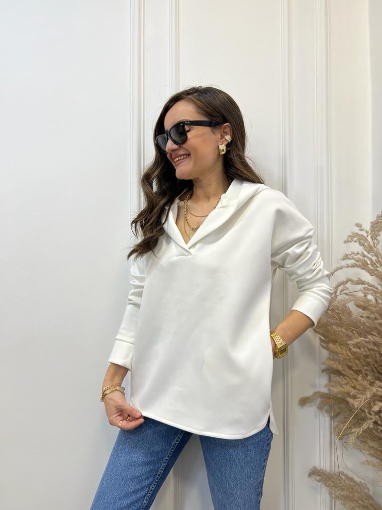 Ekru Scuba Kumaş Kapüşonlu Sweatshirt 1001