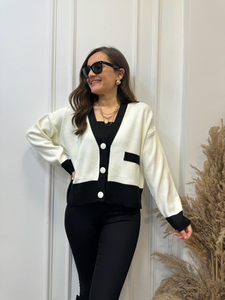 Ekru Şeritli Düğmeli Hırka 4028