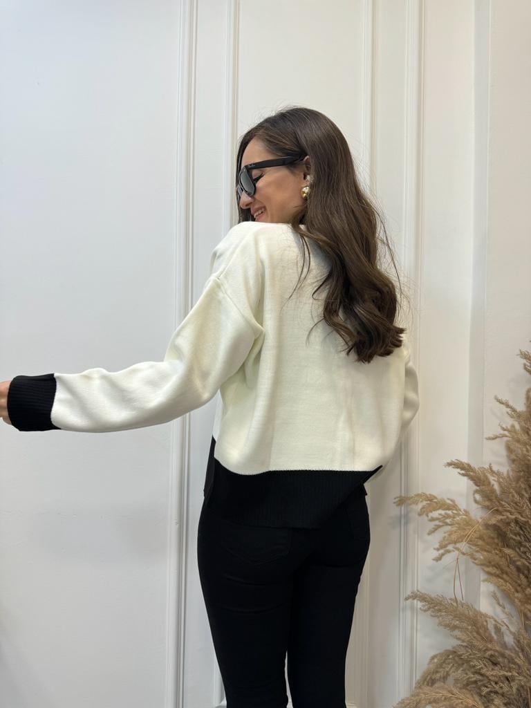 Ekru Şeritli Düğmeli Hırka 4028