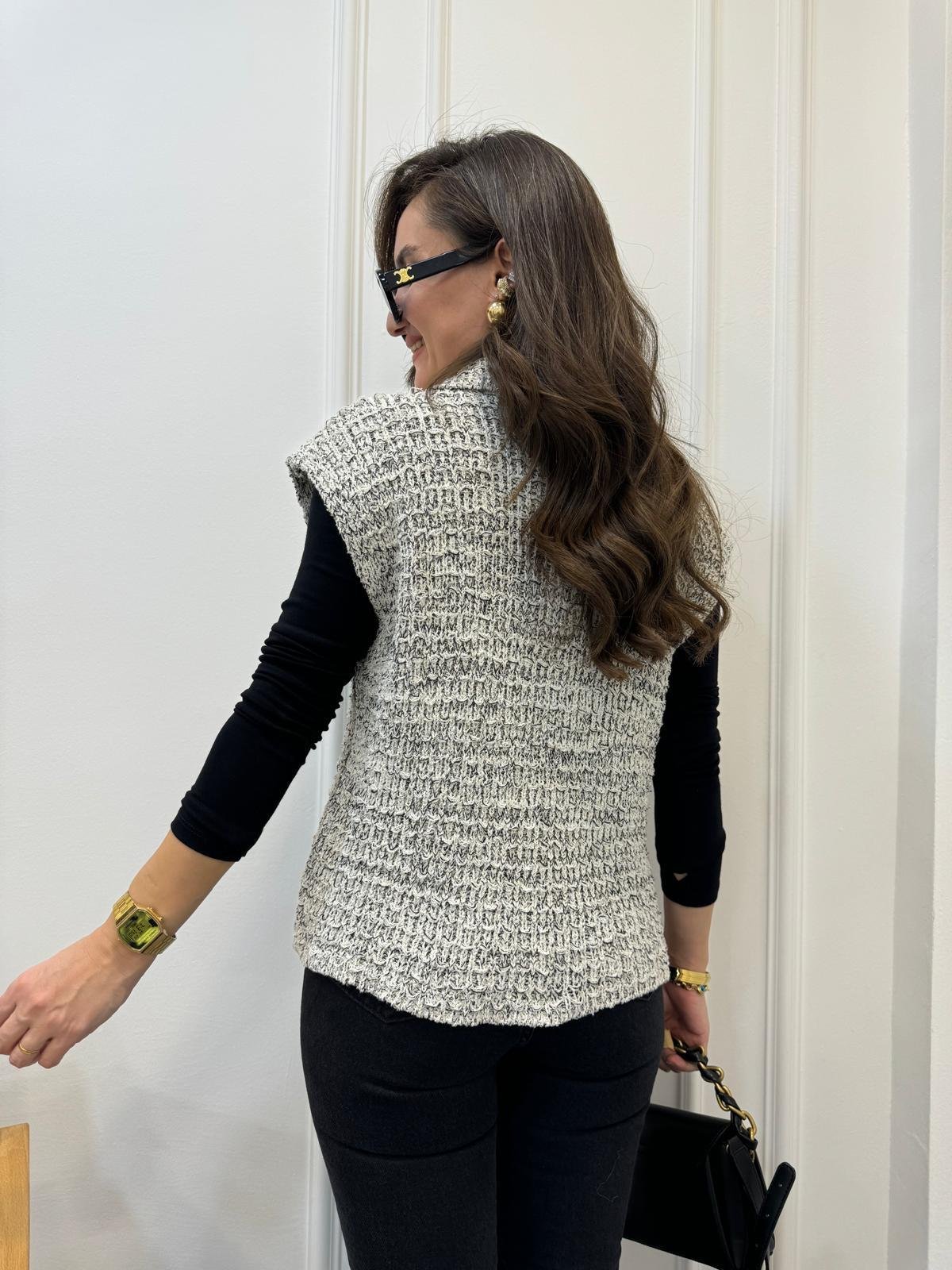 Ekru Sim Geçişli Örme Triko Yelek 4500