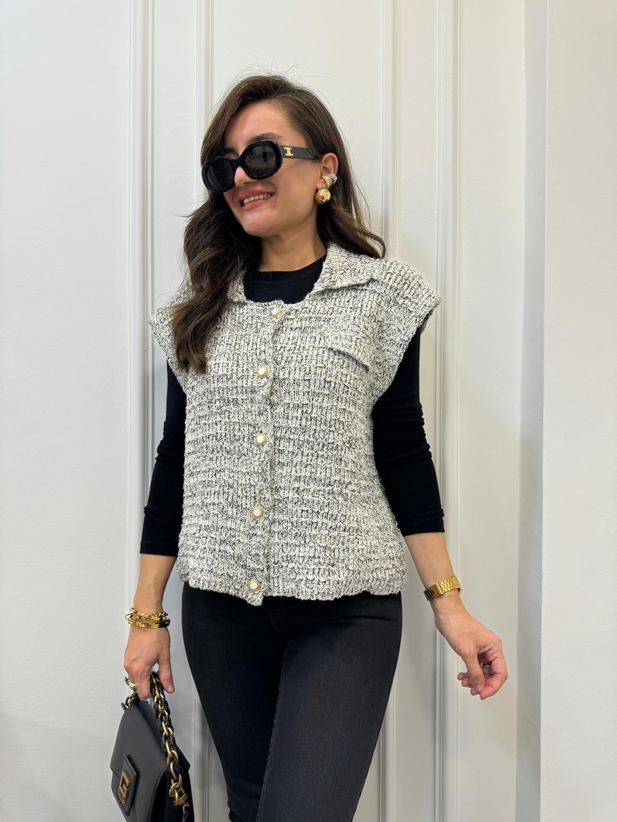 Ekru Sim Geçişli Örme Triko Yelek 4500