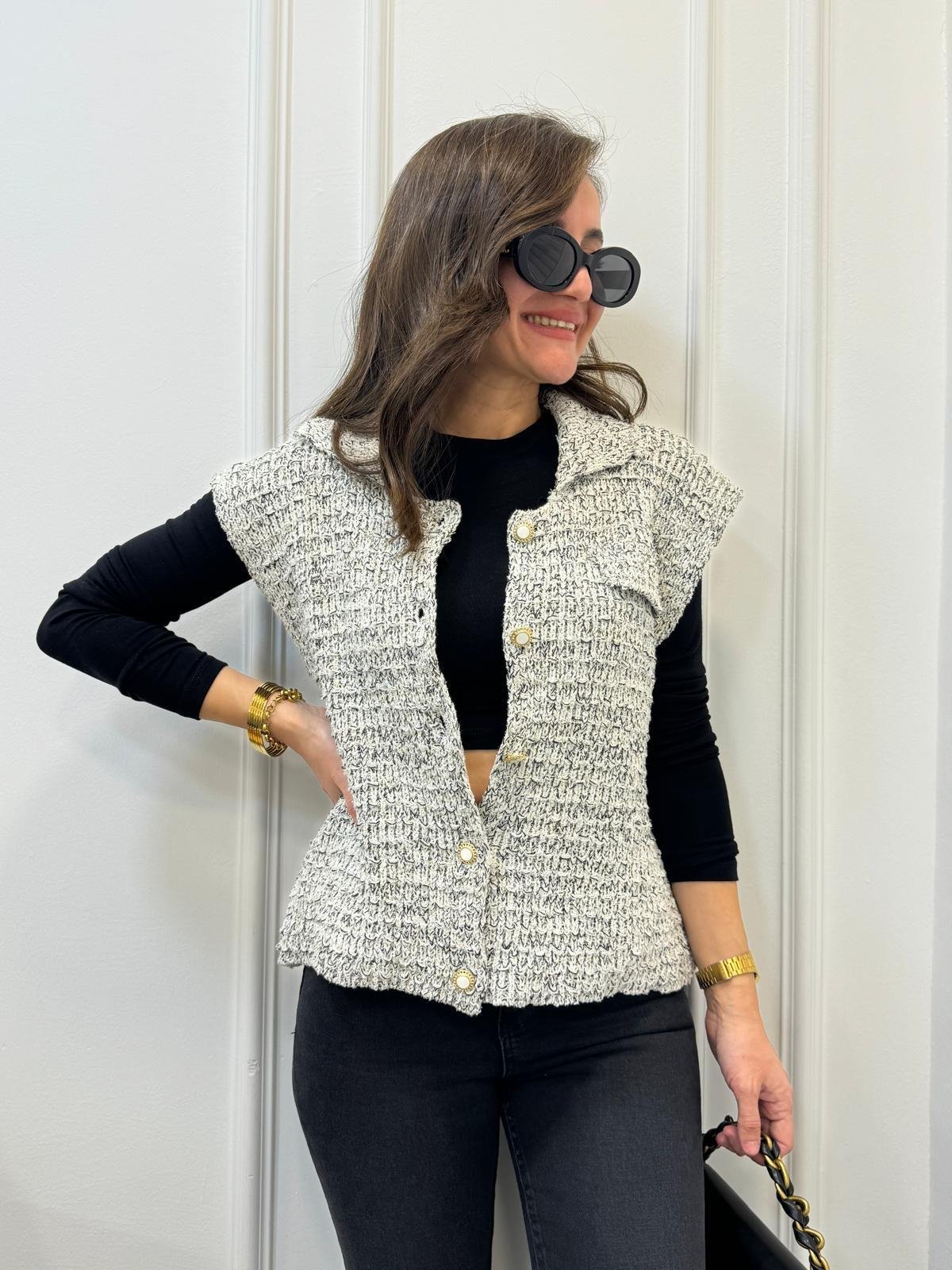 Ekru Sim Geçişli Örme Triko Yelek 4500