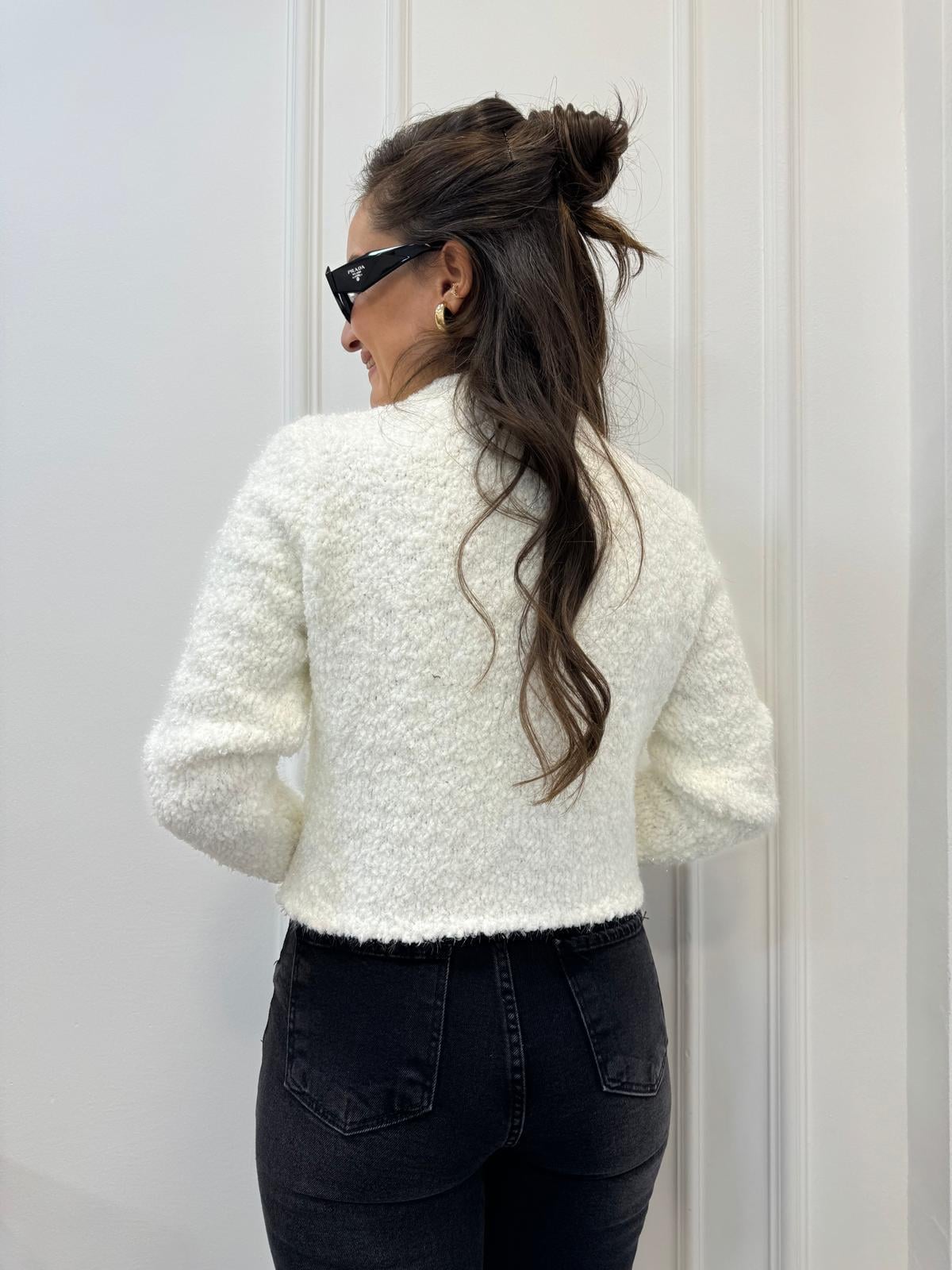 Ekru Sim Geçişli Taş Düğmeli Örme Hırka 3167