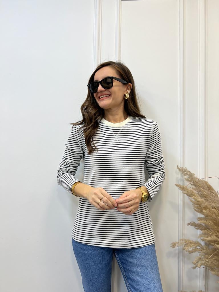 Ekru Siyah Çizgili Bisiklet Yaka Sweatshirt 1704