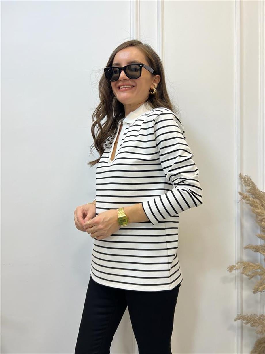 Ekru Siyah Çizgili Polo Yaka Sweatshirt 3010