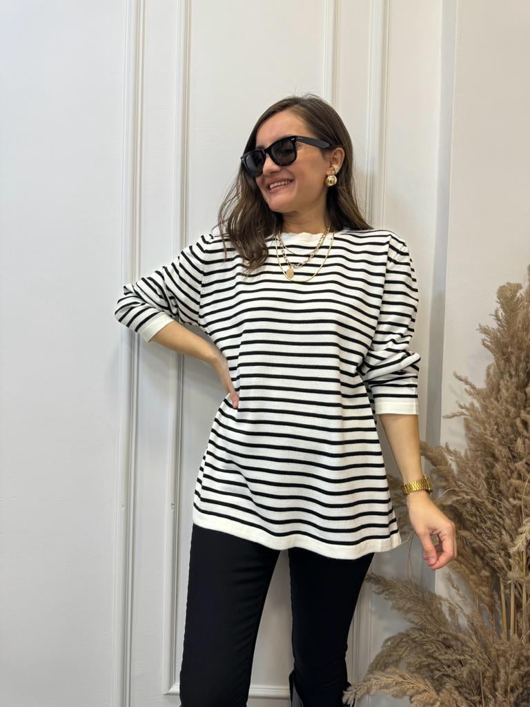 Ekru Siyah Çizgili Triko Bluz 4044