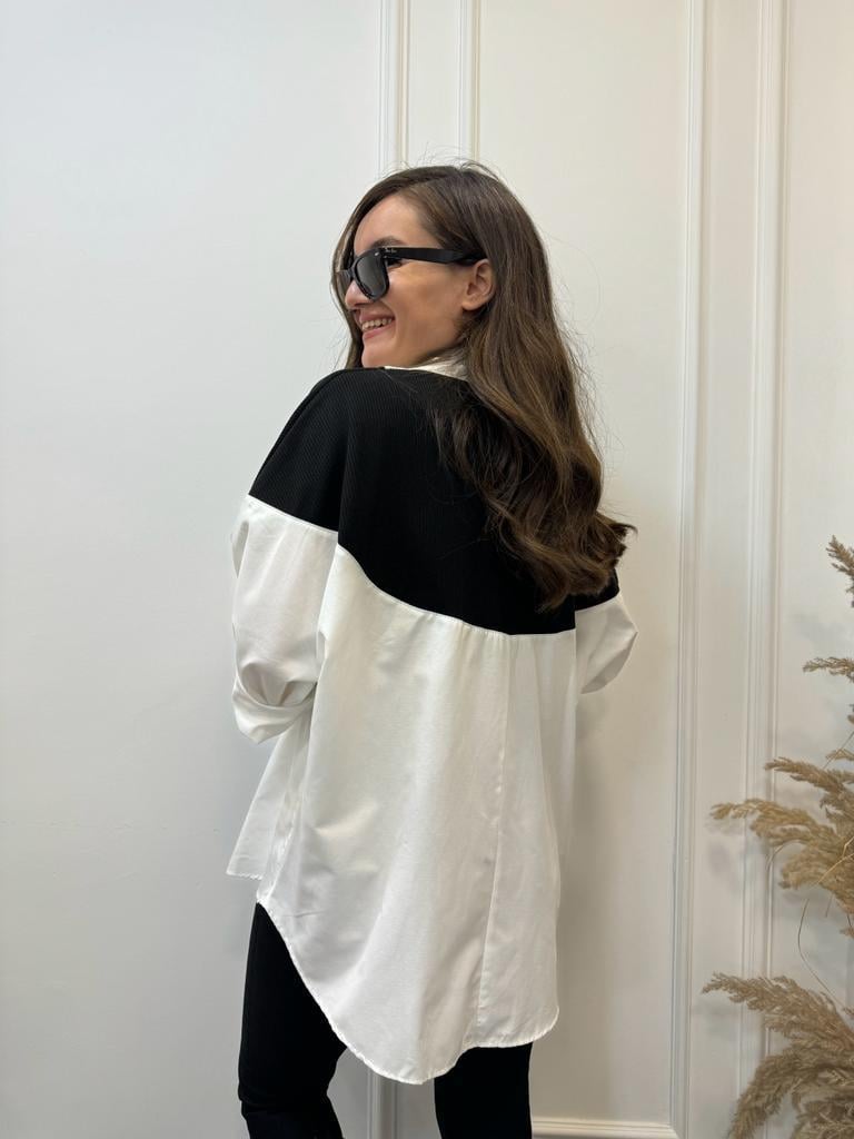 Ekru Siyah Triko Detaylı Oversize Gömlek 28034