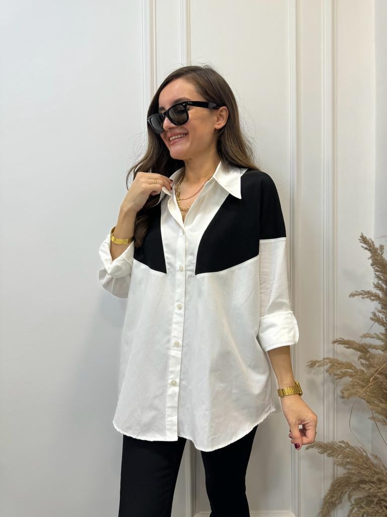 Ekru Siyah Triko Detaylı Oversize Gömlek 28034
