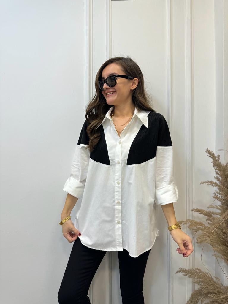 Ekru Siyah Triko Detaylı Oversize Gömlek 28034