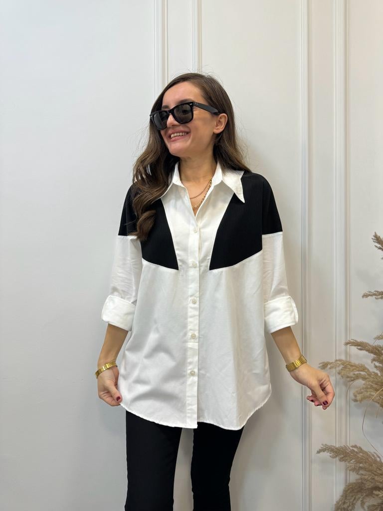 Ekru Siyah Triko Detaylı Oversize Gömlek 28034