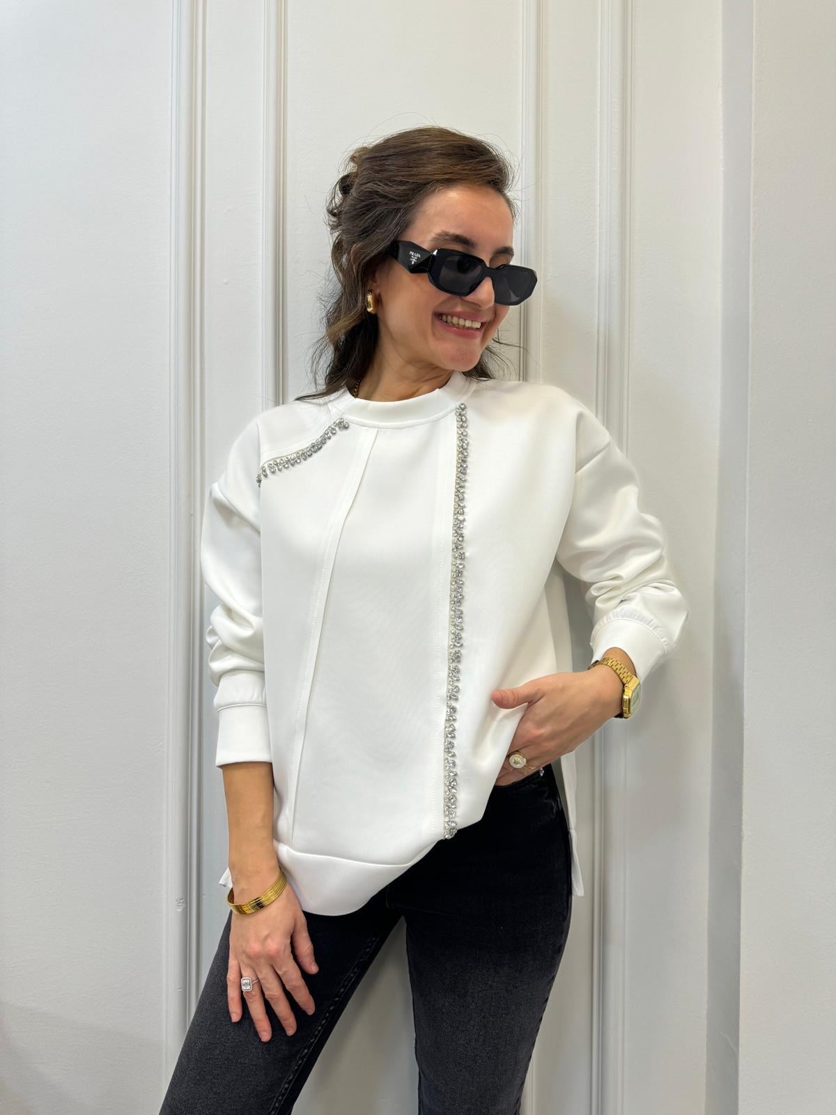 Ekru Taş İşlemeli Tasarım Sweatshırt 35368