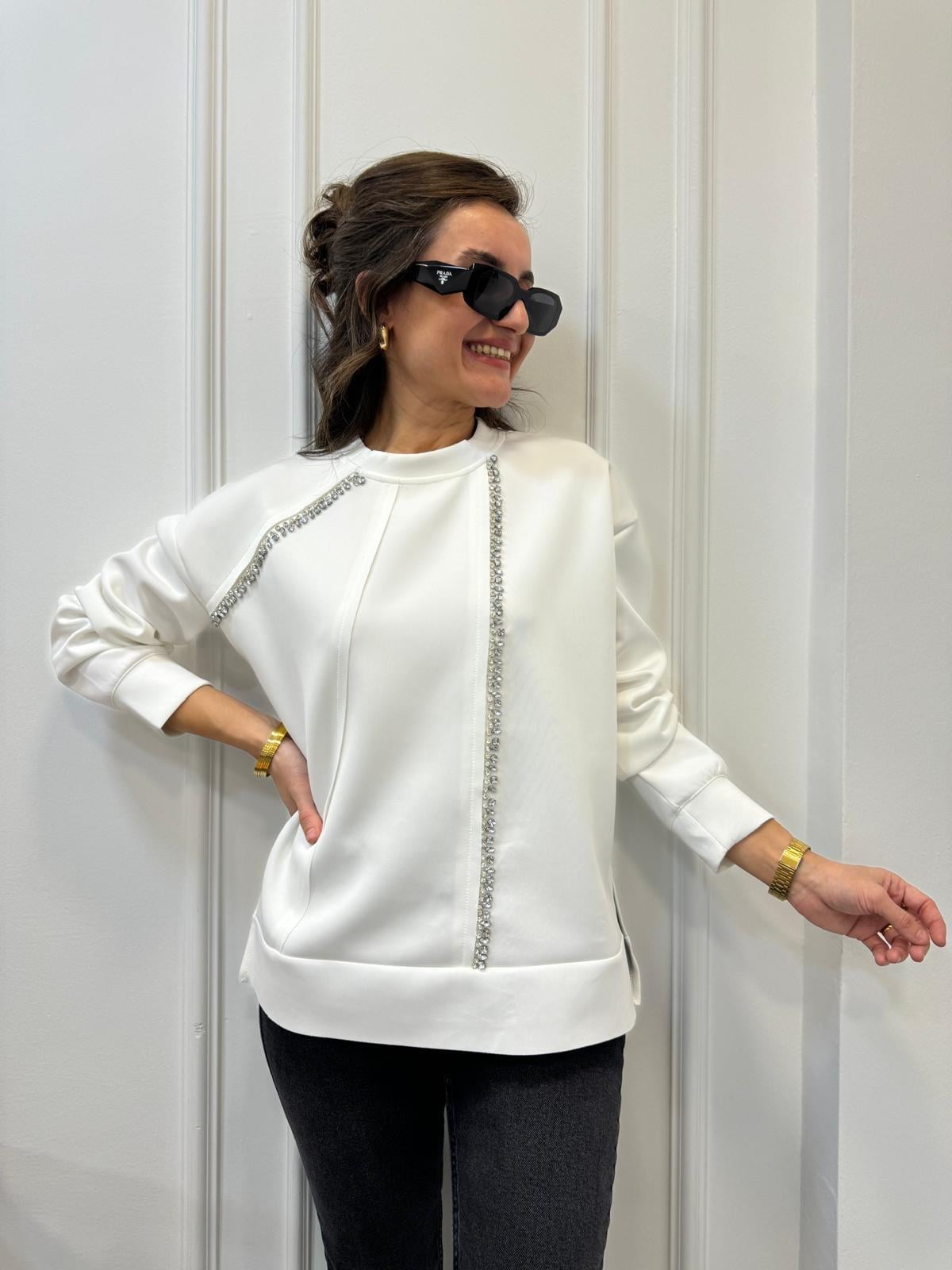 Ekru Taş İşlemeli Tasarım Sweatshırt 35368