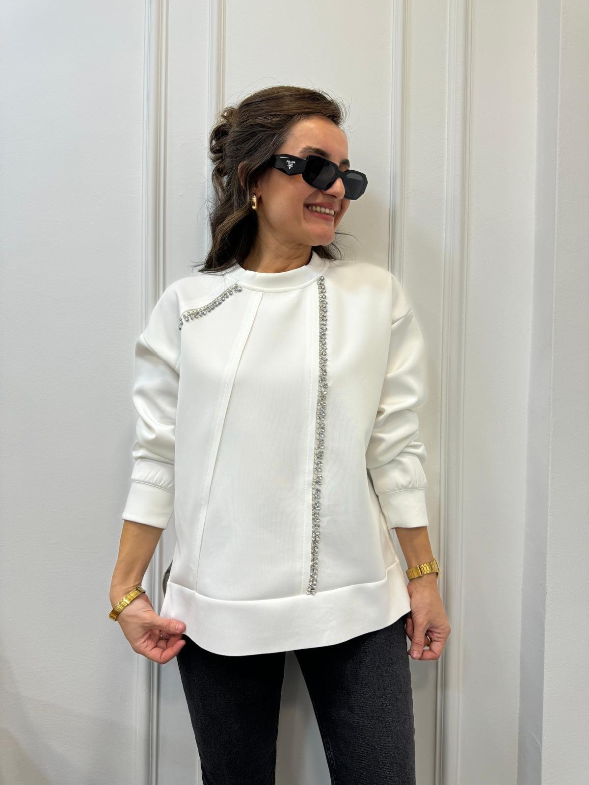 Ekru Taş İşlemeli Tasarım Sweatshırt 35368