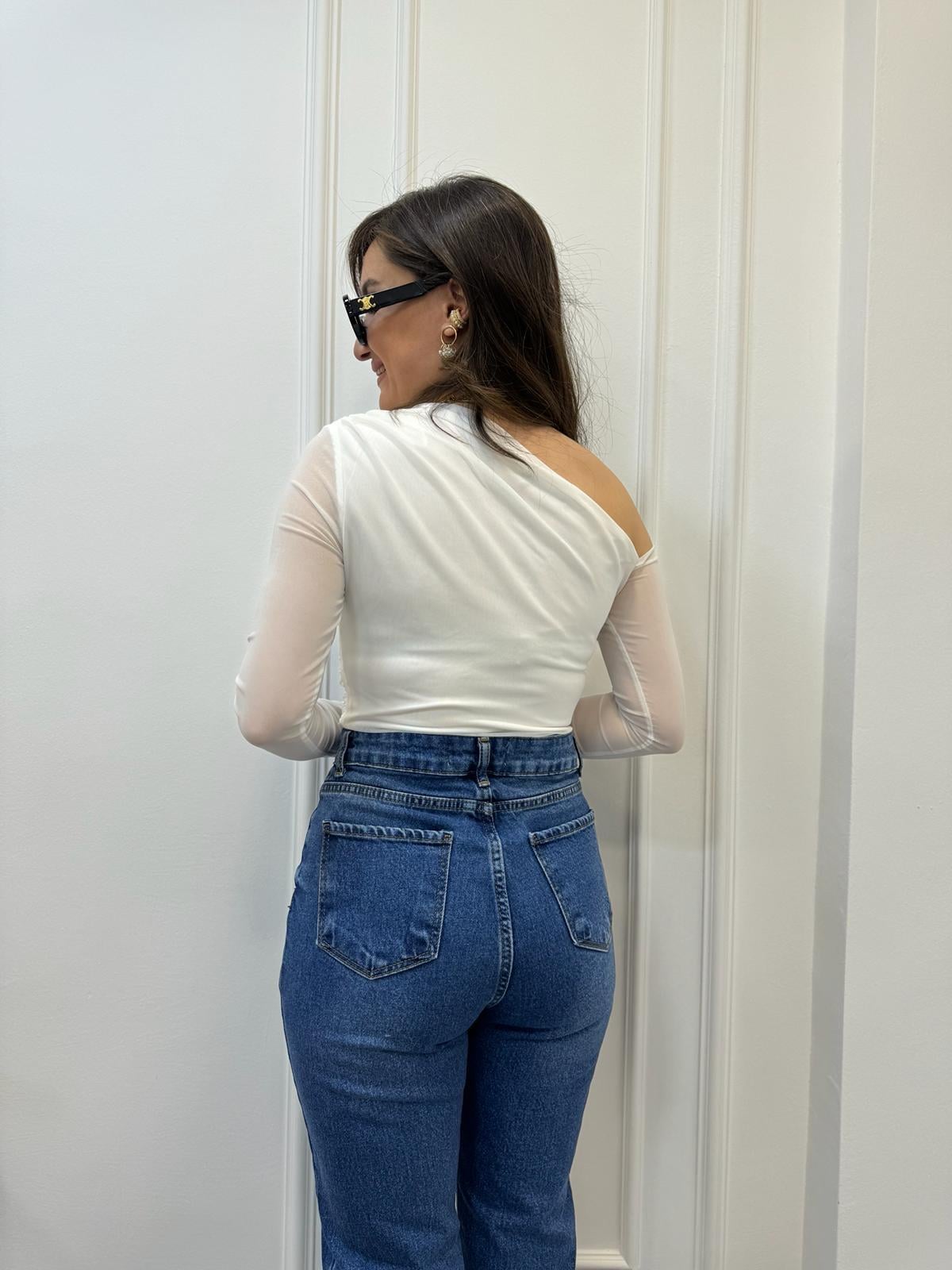 Ekru Tek Omuz Detaylı Yan Drapeli Tül Crop 2901