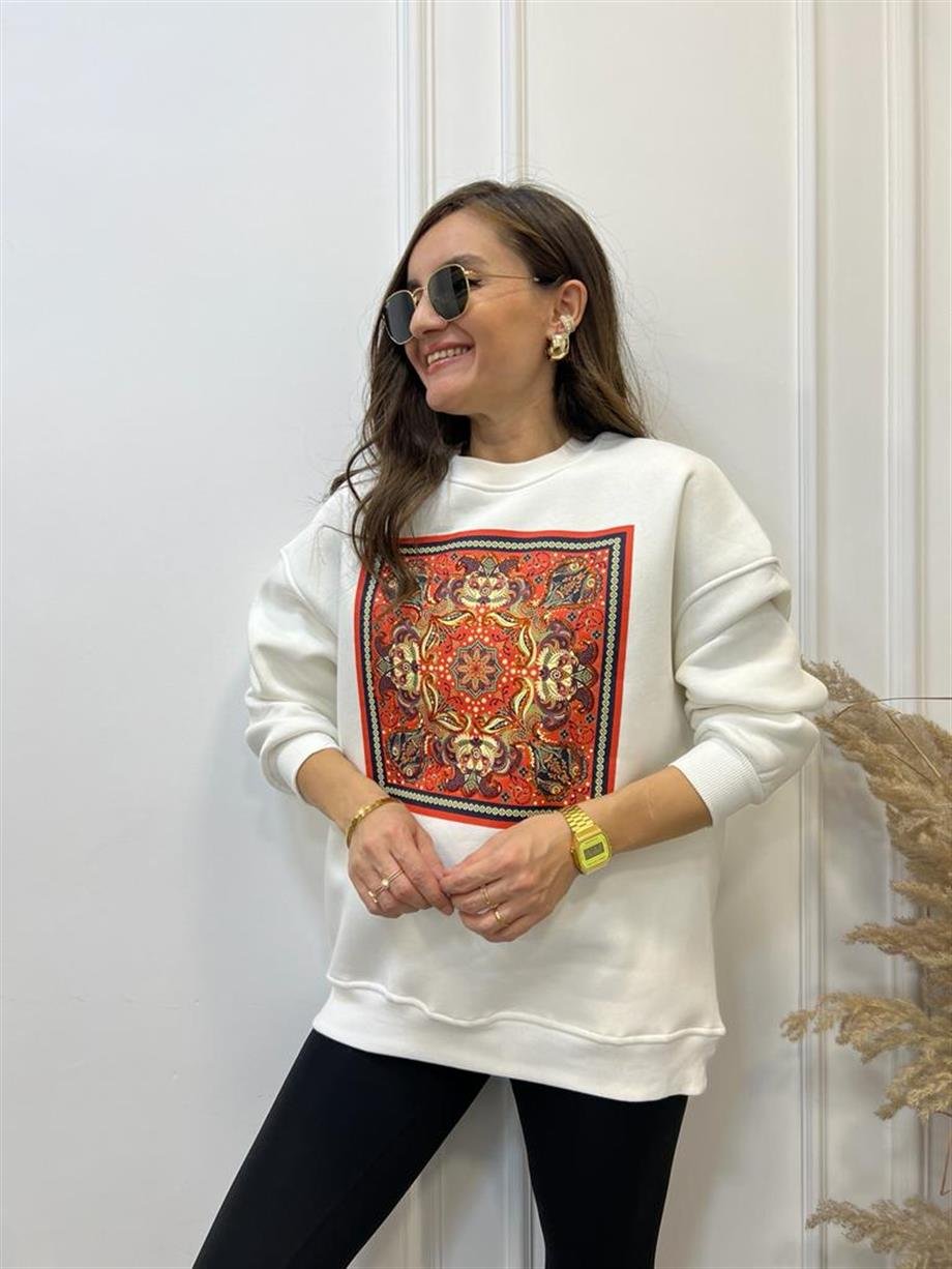 Ekru Turuncu Etnik Desen Baskılı Bisiklet Yaka Sweatshirt 5151
