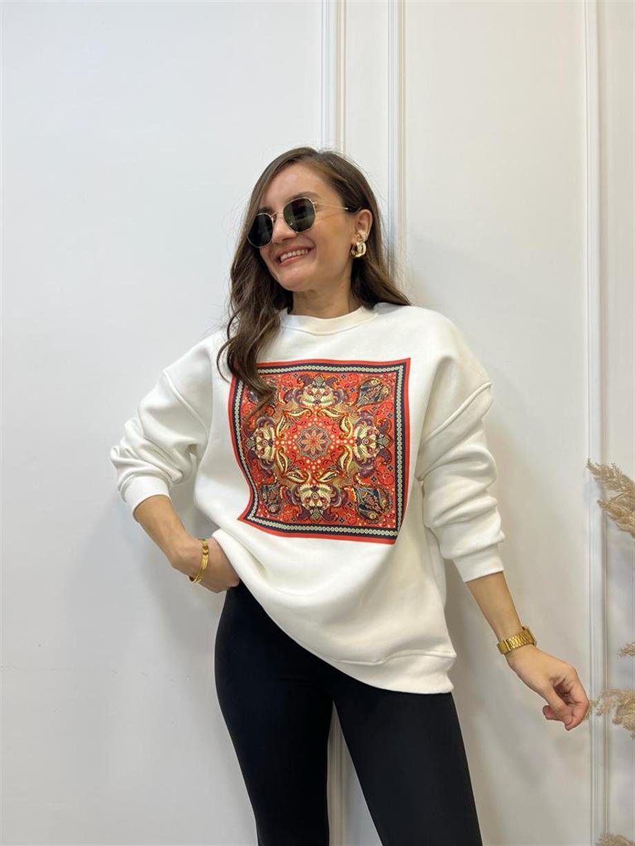 Ekru Turuncu Etnik Desen Baskılı Bisiklet Yaka Sweatshirt 5151