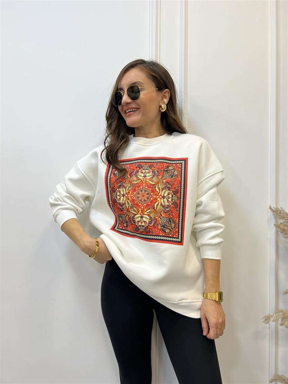 Ekru Turuncu Etnik Desen Baskılı Bisiklet Yaka Sweatshirt 5151