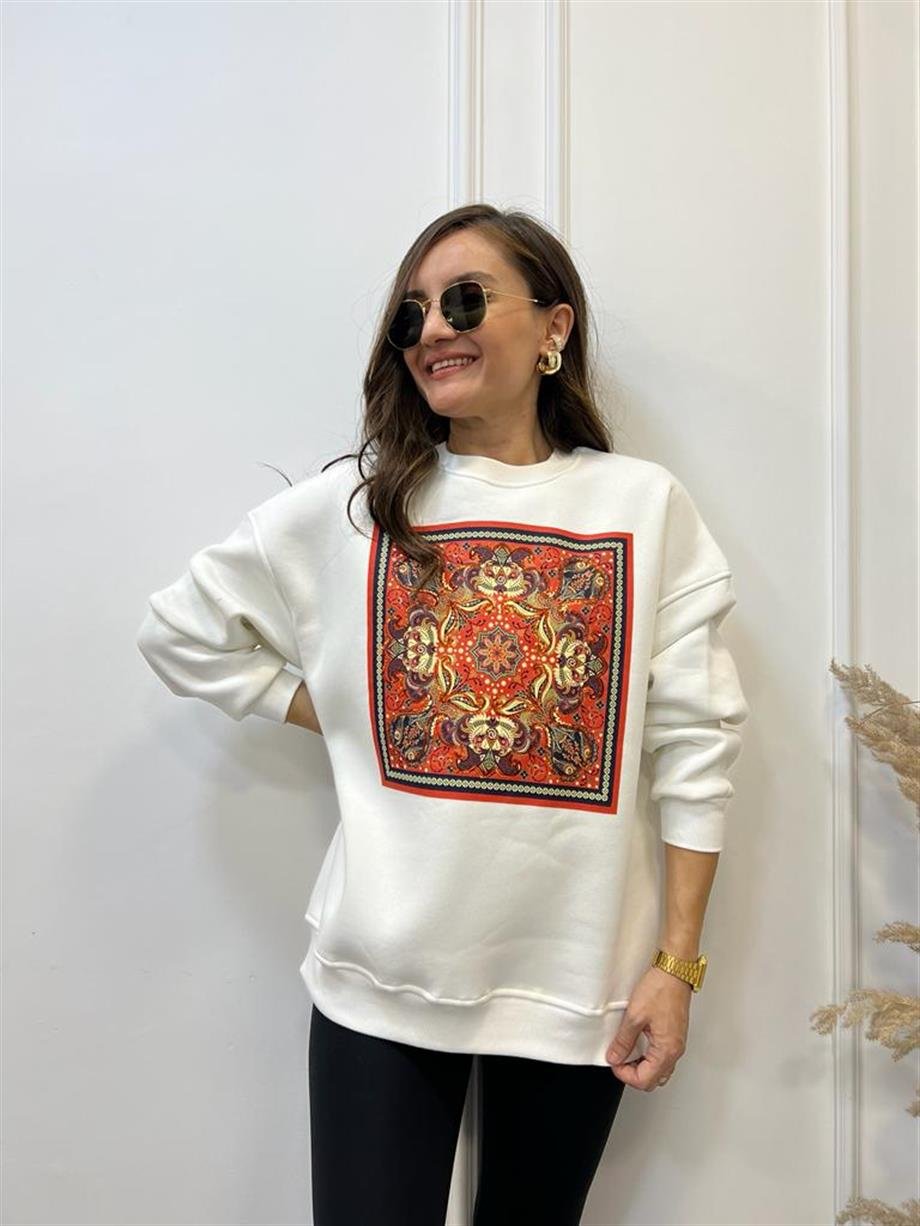 Ekru Turuncu Etnik Desen Baskılı Bisiklet Yaka Sweatshirt 5151