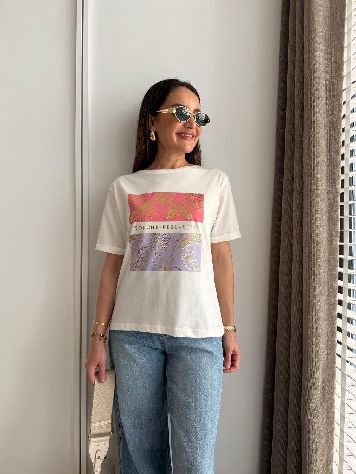 Ekru Yaprak Baskılı Tshirt 27072