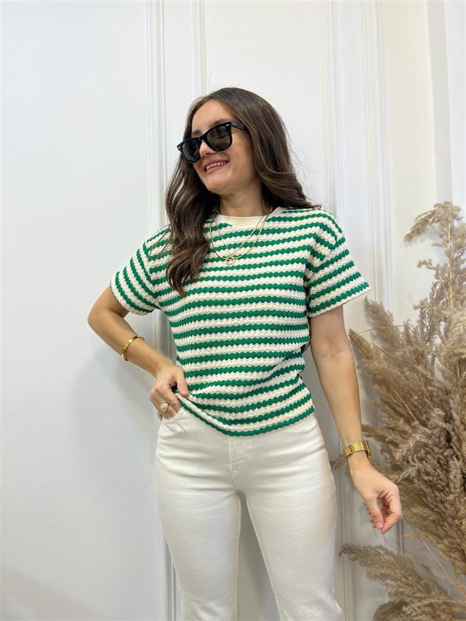 Ekru Yeşil Çizgili Merserize Orijinal Marka Tshirt SB03