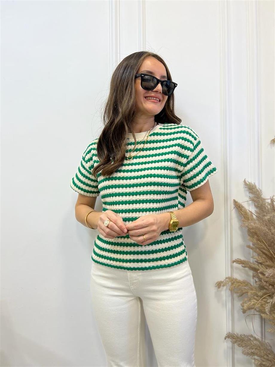 Ekru Yeşil Çizgili Merserize Orijinal Marka Tshirt SB03