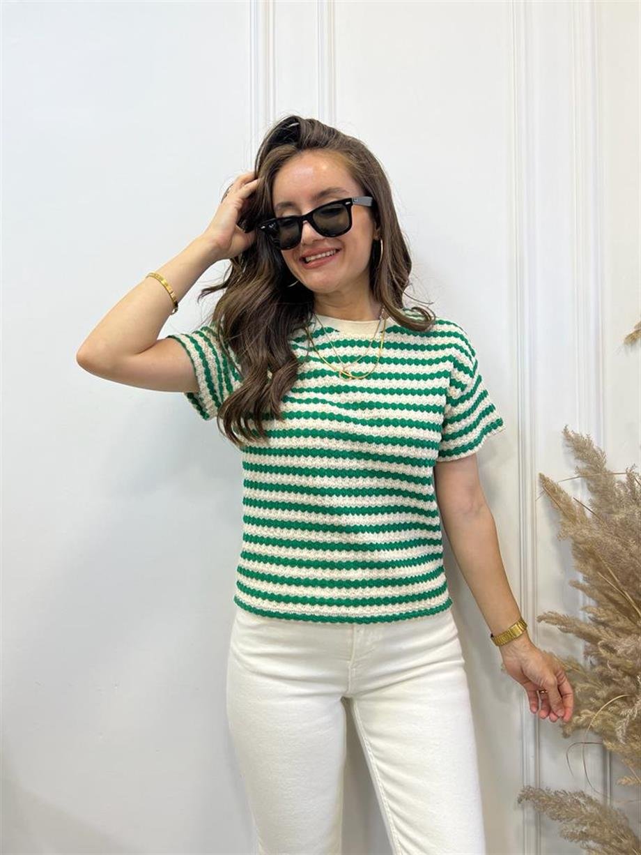 Ekru Yeşil Çizgili Merserize Orijinal Marka Tshirt SB03