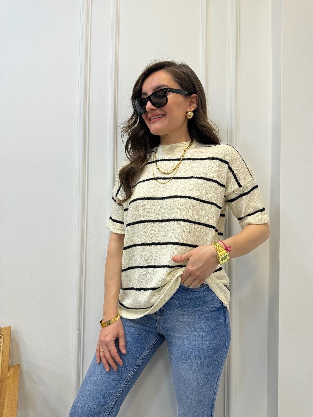 Ekru Yumoş Dokulu Massı Model Çizgili Triko Bluz 5168