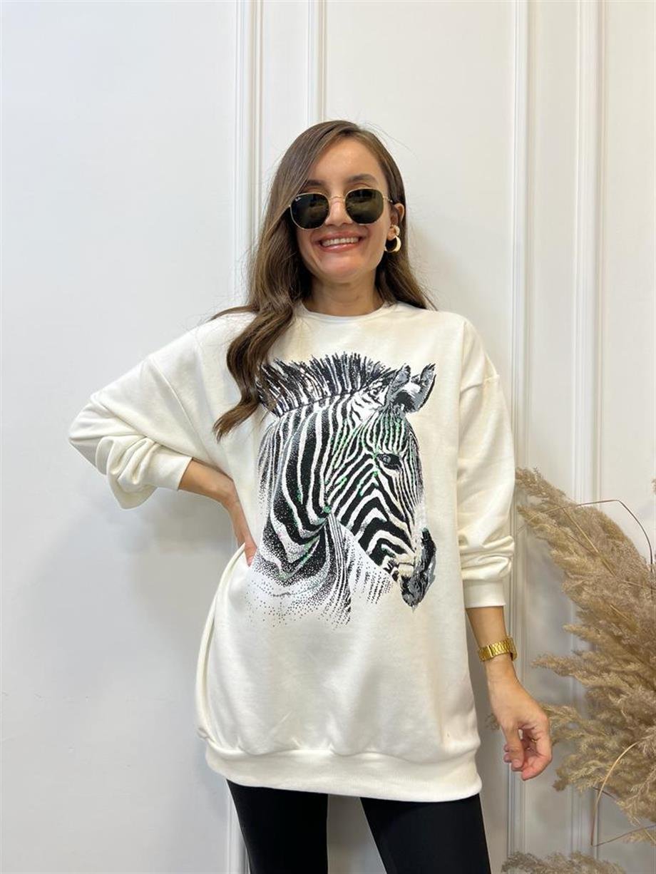 Ekru Zebra Baskılı Payet Detaylı Sweatshirt 5093