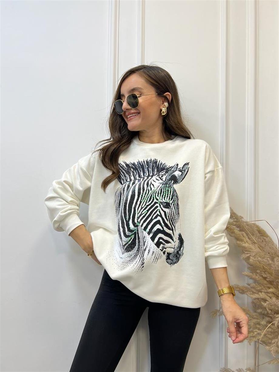 Ekru Zebra Baskılı Payet Detaylı Sweatshirt 5093
