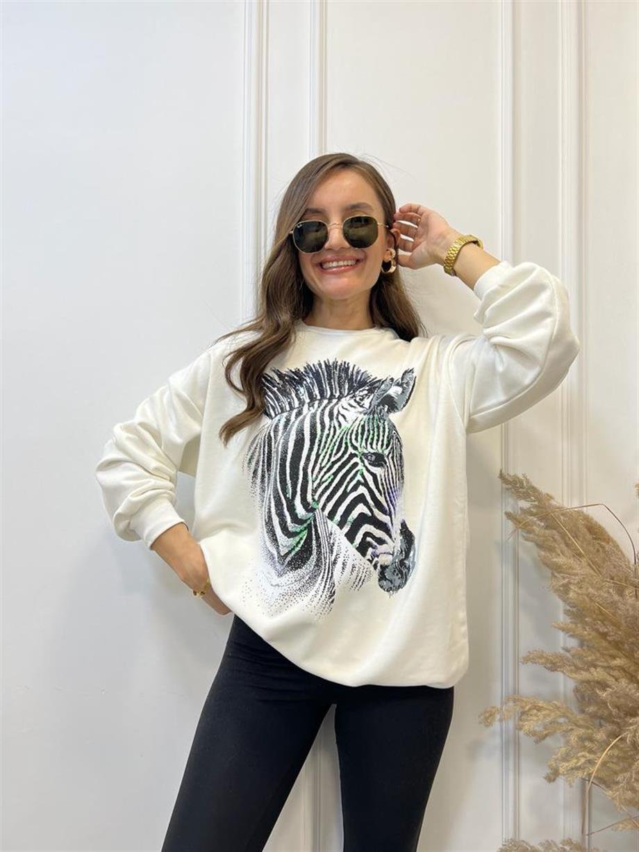 Ekru Zebra Baskılı Payet Detaylı Sweatshirt 5093