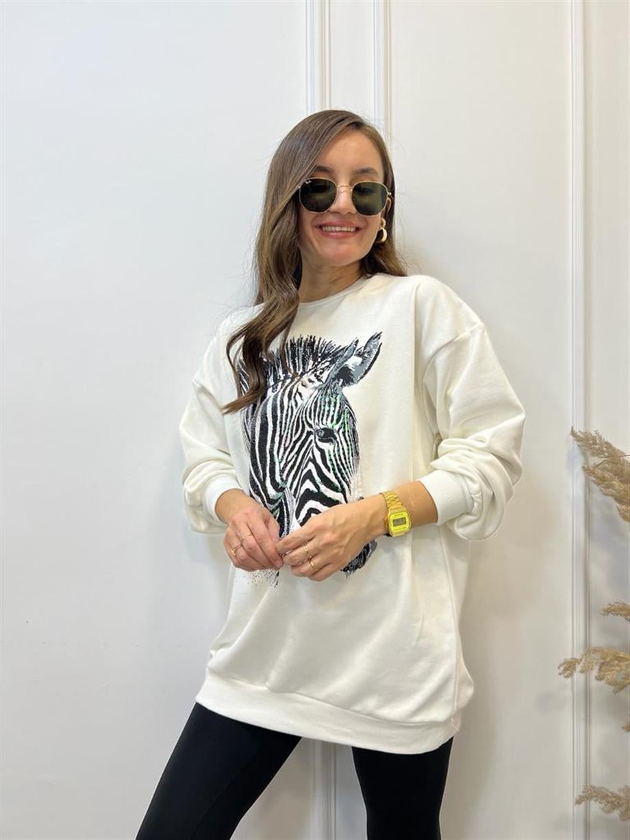 Ekru Zebra Baskılı Payet Detaylı Sweatshirt 5093