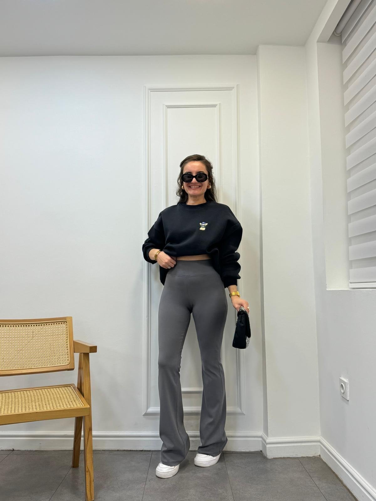 Füme Beli Fitilli İspanyol Paça Pantolon 71054