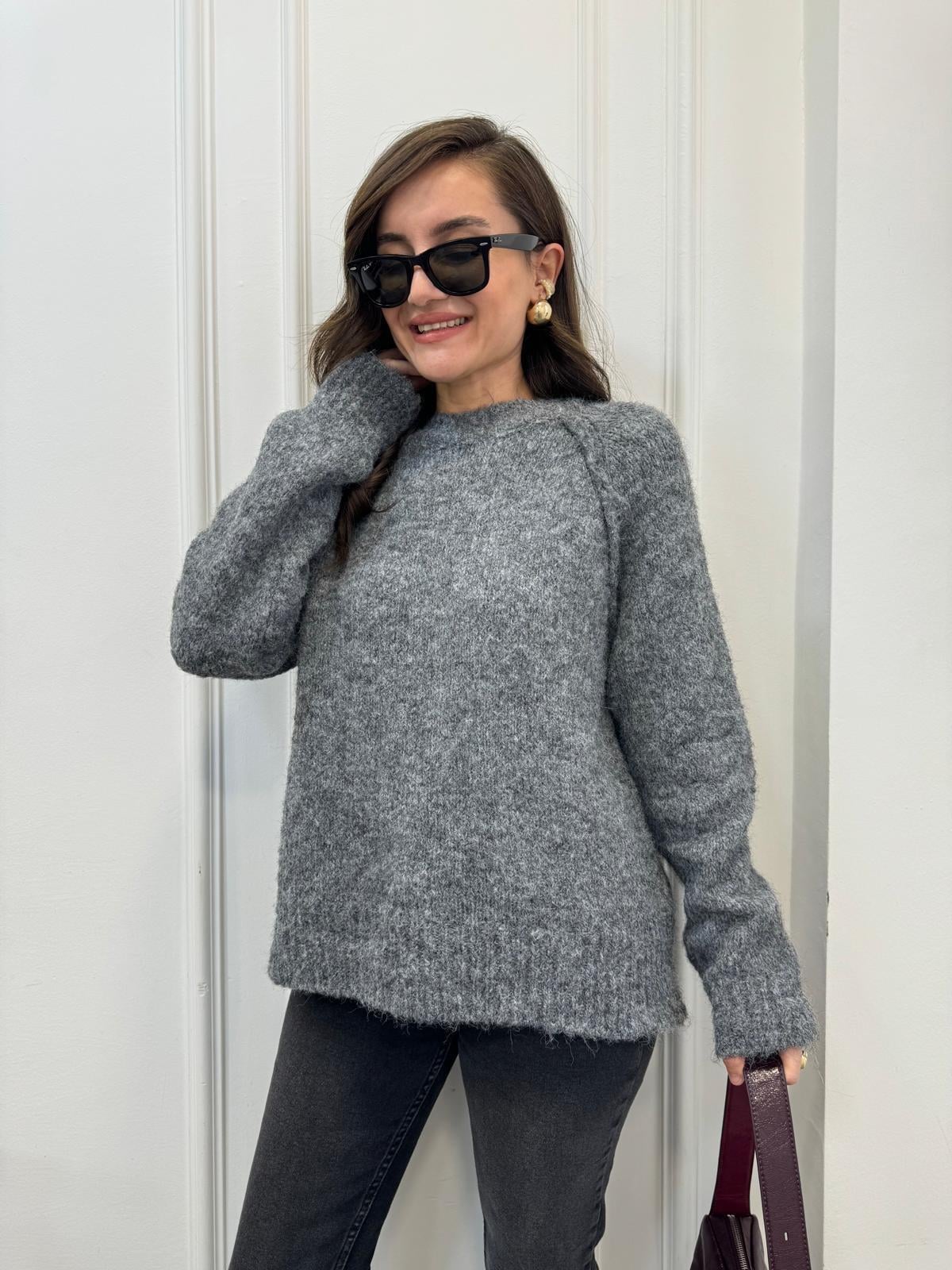 Füme Bisiklet Yaka Dikiş Detaylı Yumoş Triko Kazak 10646