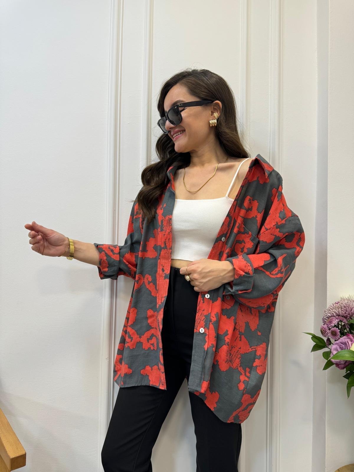 Füme Desenli Lüx Kalite Oversize Gömlek 4832
